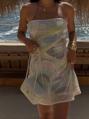 Cin cin opal blue green swirl sequin mini strapless dress XS *